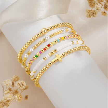 Turandoss 5PCS 14K Gold Plated Beaded Stretch Bracelets Set for Women | Stacked Bow Cross Wave Knot Pearl Beads Bracelet Set, Waterproof 7 Inch Stretch Elastic, Summer Jewelry Gifts for Women Girls - color: 5PCS Gold Cross Beaded Bracelets