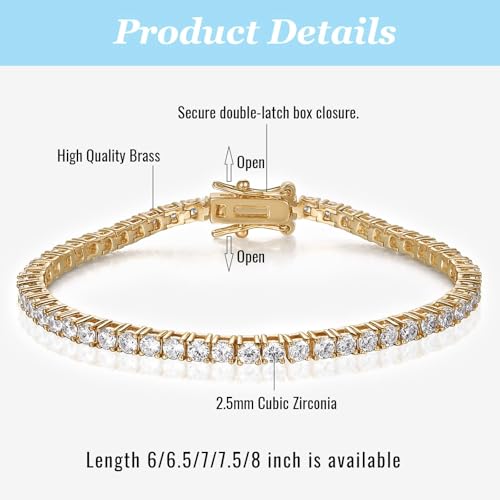 Gemsme 2.5mm Tennis Bracelet, 2.5mm Thin 18K White Gold Plated Cubic Zirconia Tennis Bracelet for Women - color: Gold Plated, size: 2.5mm 6 inch