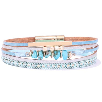 Boho Gemstone Beaded Leather Wrap Bracelets Stackable Chunky Cuff Bracelet Western Jewelry Cowboy Chic Country Concert Outfits for Women - color: Teal