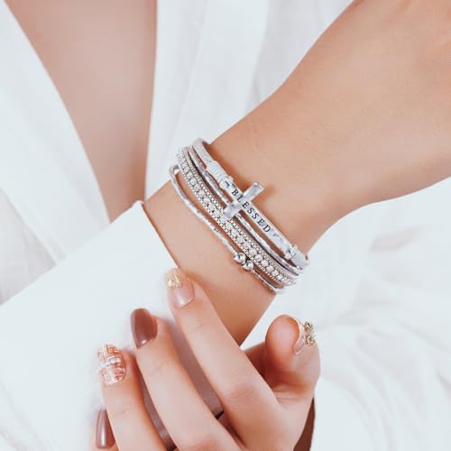 Boho Leather Wrap Bracelets Beaded Stackable Cuff Bracelet Country Concert Outfits Cowboy Cowgirl Western Jewelry Gifts for Women - color: Cross-Silver