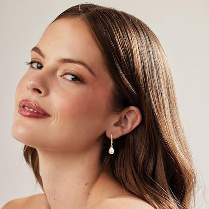 Freekiss Pearl Earrings for Women Trendy: Flat Back Stud Earrings 14K Gold Plated/925 Sterling Silver Freshwater Pearl Dangle Earrings Cute Bow Earrings Wedding Jewelry Birthday Gifts for Women Girls - style: leverback dangle earrings