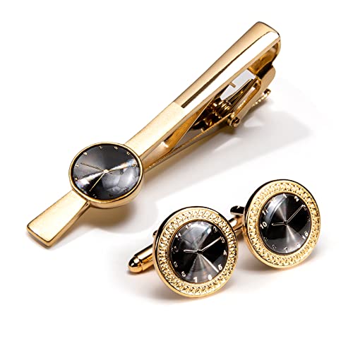 Barry.Wang Mens Cufflinks Tie Clip French Stylish Cuff Links Wedding Shirts Cuff Buttons Elegant Gift Necktie Pin - style: A Gold Watch