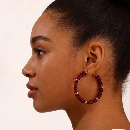 Wellike Beaded Hoop Earrings for Women Natural Stone Pink Gold Huggie Earrings Hypoallergenic Dainty Waterproof Trendy Jewelry - color: Burgundy, size: 55mm