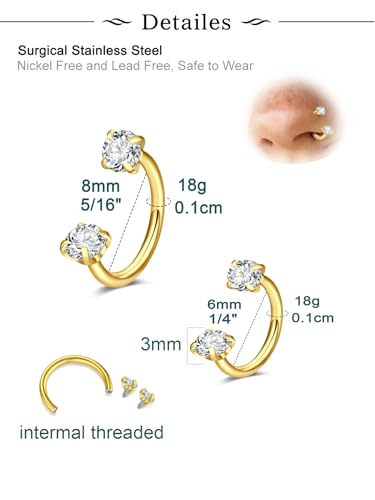 Longita 20g Nose Rings Hoop L Shape Nose Studs Stainless Steel Nose Screw Bone Flat Top Diamond Opal Heart High Nostril Piercing Jewelry Silver Rose Gold Black Pack for Women Men - color: B3- Horseshoe Ring 4pcs 18g - gold