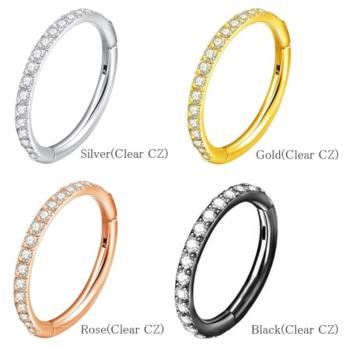 ORANGELOVE 20G 18G 16G Clear CZ Nose Ring Hoop 316L Surgical Steel Seamless Silver Septum Ring Clicker Jewelry Cartilage Earring Ear Piercing Hoop Earrings for Women Men Helix Rook Lobe Conch Tragus Daith Lip Hinged Piercing Jewelry with Cubic Zirconia -