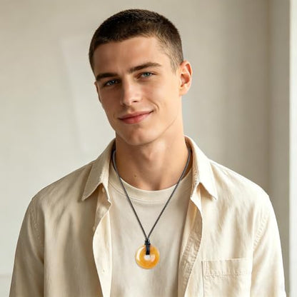 Anjiucc Natural Gemstone Pendant Necklce Lucky Coin Crystal Necklace Donut Pendnat with Adjustable Rope Healing Crystal for Men - color: Red Aventurine