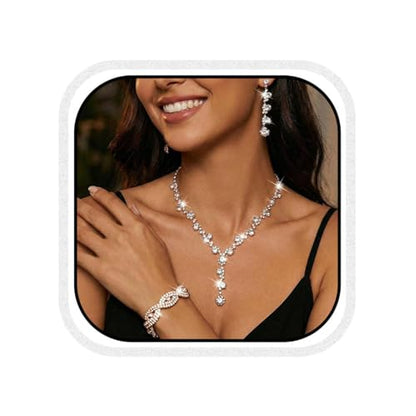 Silver Wedding Jewelry Sets Rhinestone Necklace Earrings Bracelet Set Prom Formal Costume Jewelry for Women and Brides - color: Rose Gold