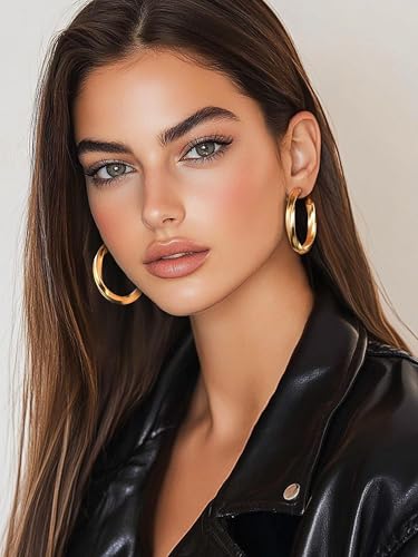 PROSTEEL Chunky Hoop Earrings for Women 14K Gold Plated/Black/Silver | 20/30/40/50/60/70/80mm Stainless Steel Thick Big Round Hoop with Waterproof and Non Tarnish Trendy Jewelry with Gift Box - color: 4. Gold, size: 40MM