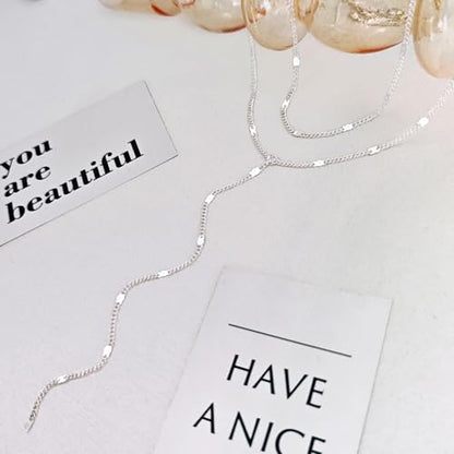 Luxval Lariat Silver Necklace for Women, Dainty Long Necklace Silver Y-Shaped Pendant Necklaces Trendy Beaded Chain Drop Necklaces Jewelry for Women Gifts - color: Silver-Layered Shiny Necklace