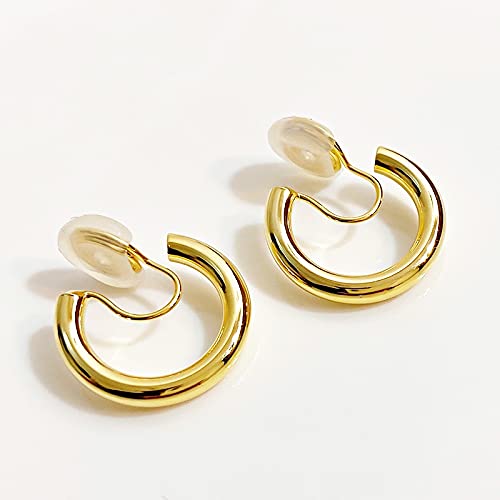 Clip On Hoop Earrings for Women Not Pierced Gold Silver Large Chnky Square Twisted Comfortable Coil Hoop Clip On Earrings - color: 20mm Hoop Gold