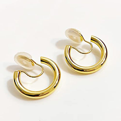 Clip On Hoop Earrings for Women Not Pierced Gold Silver Large Chnky Square Twisted Comfortable Coil Hoop Clip On Earrings - color: 20mm Hoop Gold