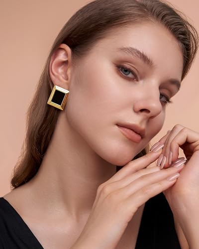 18K Gold Plated Burgundy Maroon Black Large Chunky Thin Ribbed Chamfered Square Geometric Dangle Stud Statement Earrings for Women by SNGIA , Big Tropical Button Bohemian Handmade Trendy Baroque Enamel Vacation Summer Chandelier Drop Jewelry Gifts, Rectan