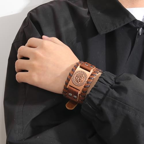 GelConnie Viking Bracelet Punk Leather Cuff Bracelet Gothic Leather Wristband Bracelet with Nordic Amulet Scandinavian Talisman Celtic Pagan Jewelry - color: MLPB078-Brown