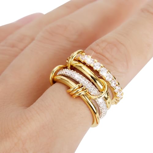 18K Gold-Plated Interlocked Ring for Women, Non Tarnish CZ Band | Interlocked inseparable one-piece ring for women. Triple & quadruple linked styles, non-tarnish CZ jewelry for daily wear - color: Gold Sliver