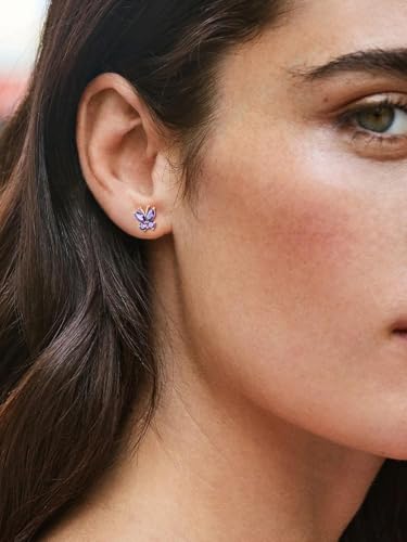 Suplight Butterfly Stud Earrings 925 Sterling Silver 14K Gold Brithstone Earrings for Women Brithstone Jewelry Gifts - color: 02.February ( Amethyst), size: Silver