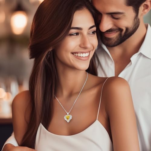 CDE Angel Wings Heart Birthstone Pendant Necklace Gift for Women | Silver/Gold Tone,Ideal Birthday & Anniversary Jewelry Gift for Wife,Girlfriend,Her - color: White-11-Yellow Birthstone