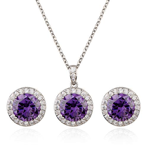 Bridal Crystal Jewelry Set - Sterling Silver Round Cubic Zirconia CZ Rhinestone Halo Birthstone Pendant Necklace Stud Earrings Set for Wedding Bride Bridesmaids Birthday Gift - color: Amethyst Violet