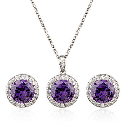 Bridal Crystal Jewelry Set - Sterling Silver Round Cubic Zirconia CZ Rhinestone Halo Birthstone Pendant Necklace Stud Earrings Set for Wedding Bride Bridesmaids Birthday Gift - color: Amethyst Violet