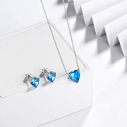 Aurora Tears Hearts Necklace Earrings Jewelry Sets - Women 925 Sterling Silver Birthstone Pendants Earrings Set Crystal Wedding Birthday Jewelry - color: C.March-set