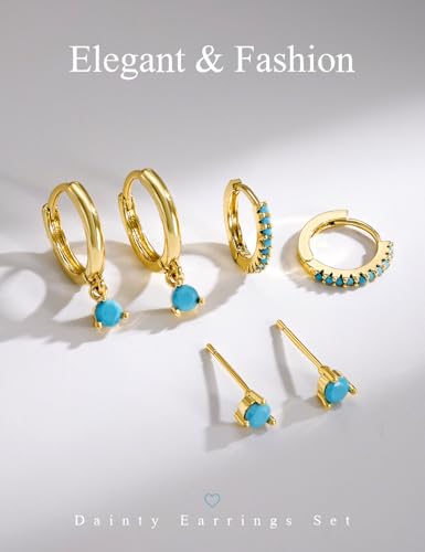 Freekiss 3 Pairs Hoop Earrings Set - Dainty Stud Dangle Cartilage for Women | Hypoallergenic Earrings, Cubic Zirconia Stackable Trendy Small Set Jewelry Gifts for Women - style: Turquoise Style-GD