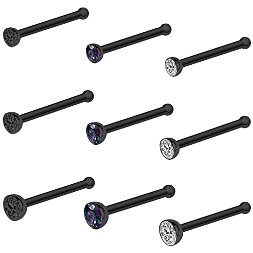 20G Nose Rings Studs Black 316L Surgical Steel 2mm 2.5mm 3mm Round CZ Nose Ring for Women Men L Shaped Nose Bone Nose Screw Ring Set Nostril Piercing Jewelry - color: 9Pcs-Nose Bone Stud-Black