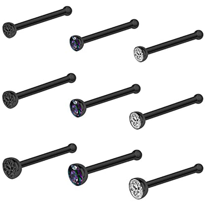 20G Nose Rings Studs Black 316L Surgical Steel 2mm 2.5mm 3mm Round CZ Nose Ring for Women Men L Shaped Nose Bone Nose Screw Ring Set Nostril Piercing Jewelry - color: 9Pcs-Nose Bone Stud-Black