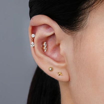1PC ASTM F136 Titanium Mini Threadless Flat Back Stud 18G 6mm 8mm for Conch Helix Flat Tragus Labret - color: Four-pointed star - Gold