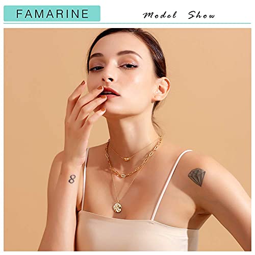 FAMARINE Gold Layered Pendant Long Necklace, 3 Layer Choker Necklace Chain Pendant Costume Jewelry for Women