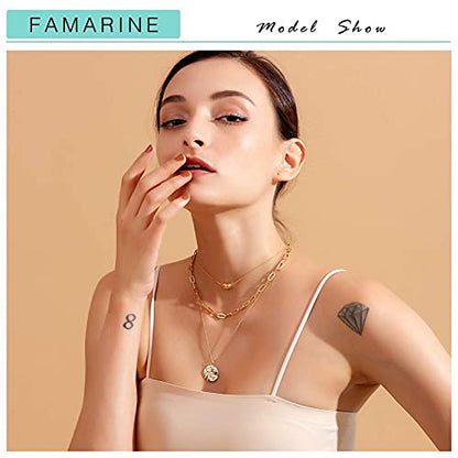 FAMARINE Gold Layered Pendant Long Necklace, 3 Layer Choker Necklace Chain Pendant Costume Jewelry for Women