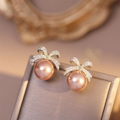 Pearl Bow Earrings for Women Coquette Aesthetic Jewelry Rhinestone Bow Earrings for Bridesmaids Wedding Party Accessories Bridal Costume Accents Bowknot Themed Gifts - color: A2: Bow Earrings Pink Pearl