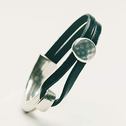Designed By Stacey Handmade Genuine Black Leather Cuff, Unique Stackable Bangle Bracelet, Hammered Silvertone Metal Jewelry, Gifts for Women, Birthday, Anniversary, Mother's Day