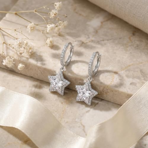 Sonateomber Christmas Tree Dangle Small Gold Hoop Earrings for Women, Cute Sparkly CZ Rhinestone Maple Clover Leaf Drop Earings Thanksgiving Holiday Accessories Fashion Jewelry Gift - color: Silver Star