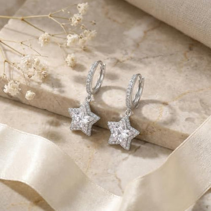 Sonateomber Christmas Tree Dangle Small Gold Hoop Earrings for Women, Cute Sparkly CZ Rhinestone Maple Clover Leaf Drop Earings Thanksgiving Holiday Accessories Fashion Jewelry Gift - color: Silver Star