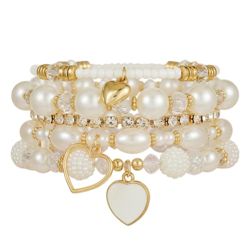 Bohemian Multilayered Faux Pearl Beaded Heart Pendant Crystal Zircon Stackable Multicolor Bracelets Set for Women Handmade Friendship Summer Beach Stretch Bangle Jewelry - color: white