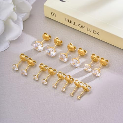 316L Stainless Steel Stud Set for Women Men, 20G Hypoallergenic Cartilage Jewelry with 2mm–8mm CZ Zirconia, Silver & Gold for Sensitive Ear Piercing - color: Sunlight Gold