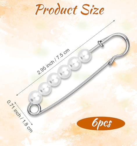 6Pcs Silver Brooch Pins for Women, Imitation Pearl Pin, Sturdy Fashion Pearl Brooch Pins for Clothes Hats Bags Daily Decoration(2.95 in)