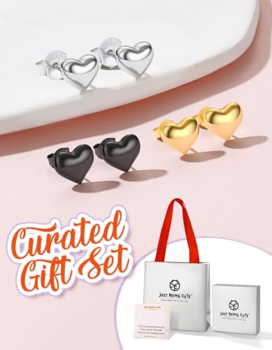 JustBeingCute Heart Stud Earrings 14K Gold Plated 925 Sterling Silver Posts | Dainty Simple Heart Earrings for Women hypoallergenic Chunky Puffy Studs Lightweight with Gift Box（7/10mm） - color: 7mm Silver Stud