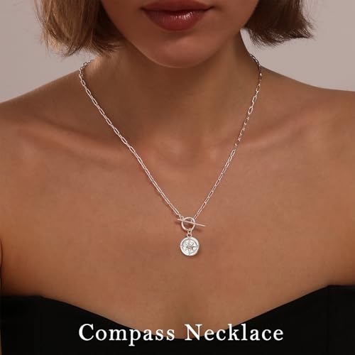 Gold Silver Necklace for Women, Dainty Cubic Zirconia Pendant | Teardrop CZ Charm, 14K Gold/Sterling Silver Plated, Adjustable Chain, Hypoallergenic & Waterproof Jewelry, Cute Trendy Gift - color: Silver-Compass/paperclip toggle chain