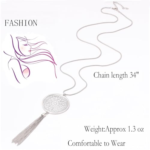MOLOCH Long Necklaces For Woman Disk Circle Pendant Necklaces Tassel Fringe Necklace Set Statement Pendant - color: A:silver