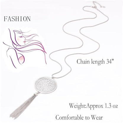 MOLOCH Long Necklaces For Woman Disk Circle Pendant Necklaces Tassel Fringe Necklace Set Statement Pendant - color: A:silver