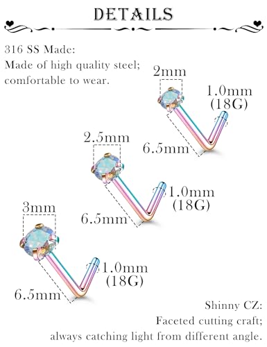 18G 20G 22G Stainless Surgical Steel Titanium Nose Rings Studs for Women L Shaped Nose Rings Screw Nose Studs Nostrial Piercing Jewelry for Women Men Silver Gold Black - style: 18G/AB CZ/L-shaped/Rainbow
