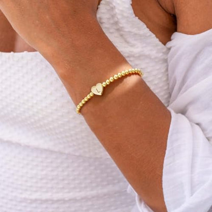 Beaded Bracelets for Women Dainty Beaded Heart Initial Bracelets Letter A-Z Charm Stretch Bead Ball Bracelet Trendy Jewelry Gifts - style: Gold-L