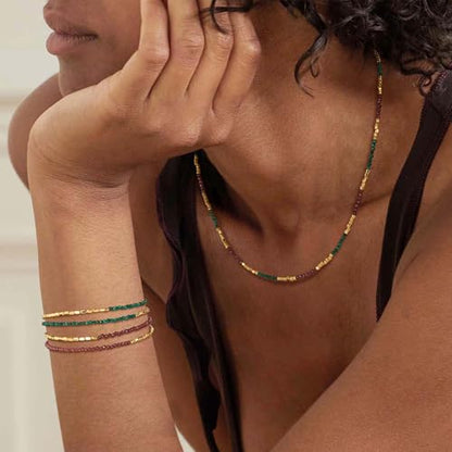 MTMY Beaded Gemstone Choker Necklace for Women | 14K Gold Plated, Colorful Natural Stone, Bead Chain, Boho Summer Beach, Handmade Jewelry - color: Malachite & Garnet