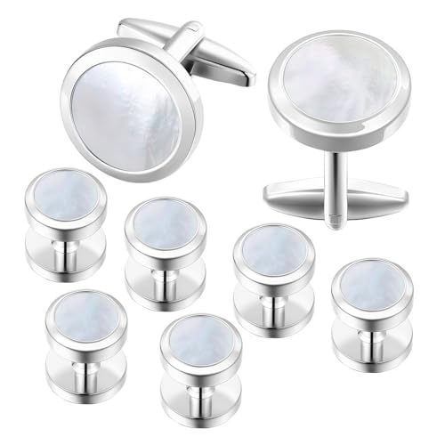 Mens Cufflinks and Tuxedo Shirt Studs Set with Gift Box - color: Silver/Fritillaria