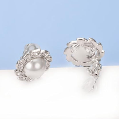 Vintage Pearl Clip On Earrings for Women Silver Rhinestone Earrings