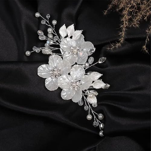 3 PCS Large Flower Bridal Wedding Hair Pins Crystal Pearl Hair Clips Headpiece Bride Hair Accessories Jewelry with Rhinestone, Glitter Emboss White Flower - color: Glitter Emboss White Flower