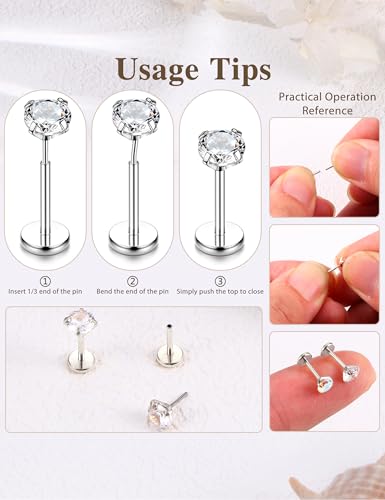 Sanfenly Threadless Flat Back Earrings Studs 316L Surgical Steel Cartilage Earrings for Women Men Push in Nose Rings Studs 20G 18G 16G CZ Opal Tragus Helix Conch Lip Labret Medusa Nostril Piercing Jewelry Hypoallergenic - color: Silver, size: 20g=0.8mm