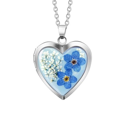 Handmade Heart Shaped Dried Pressed Forget Me Not Flower Photo Locket Pendant Necklace - color: Silver, style: BLUE+BLUE