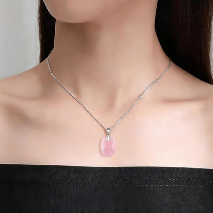 iSTONE 925 Sterling Silver Natural Crytral for Womens Pendant Necklace, Gemstone Birthstone with 17.8" Silver Chain Ladies - color: Rectangle - Rose Quartz