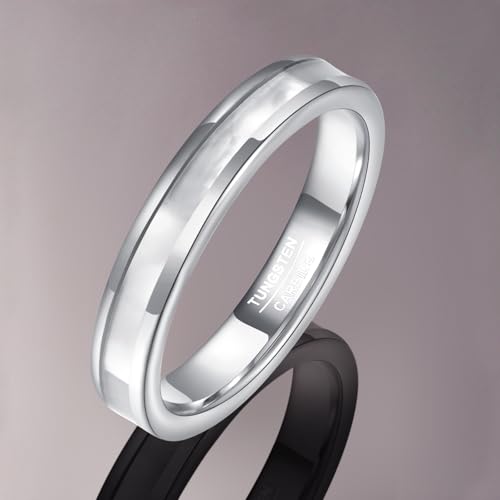 Vakki 4mm 6mm Womens Rose Gold Tungsten Carbide Ring with Mother of Pearl Shell/Marble Inlaid Wedding Band Comfort Fit Size 5-12 - color: B-4mm-Mother of Pearl & Silver